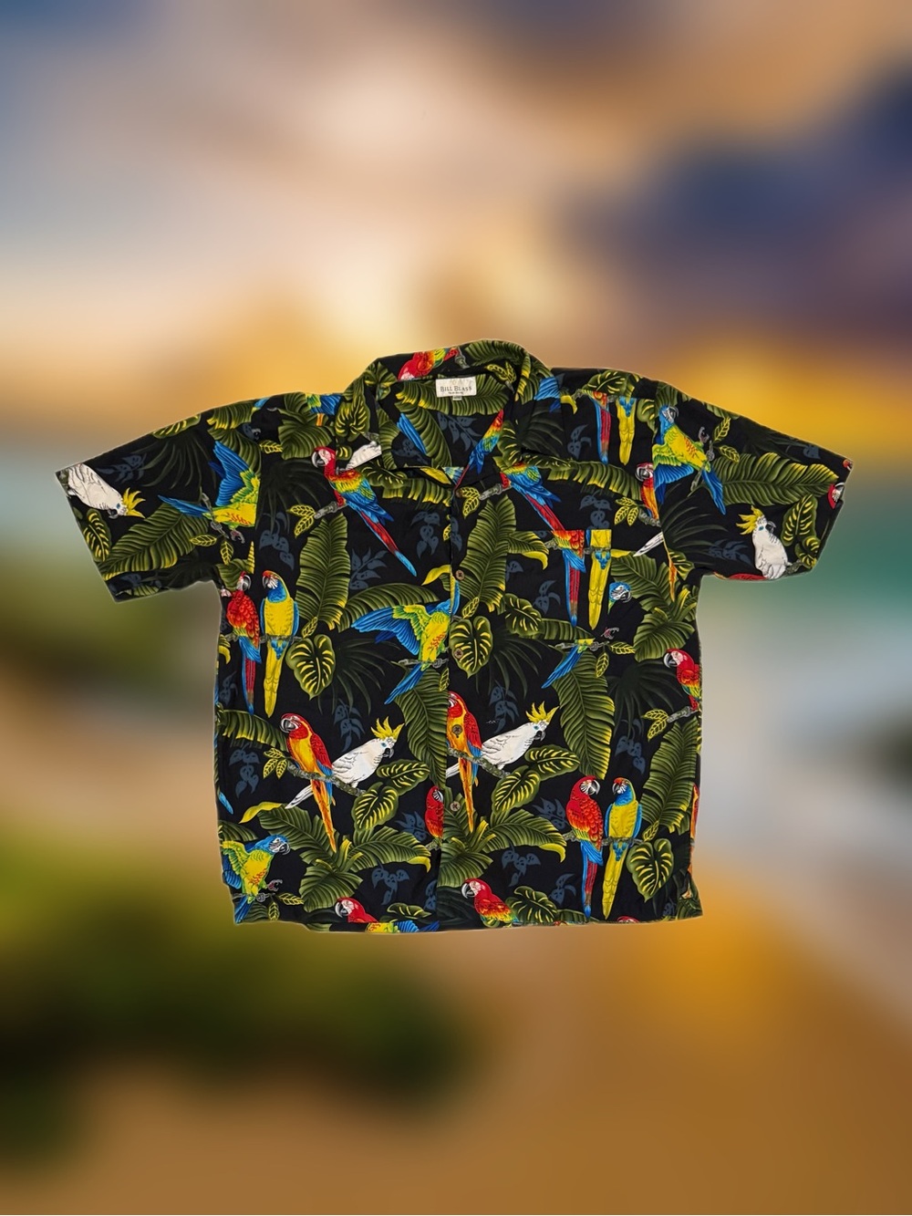 Bill Blass Men’s Size XL Black Parrot Tropical Hawaiian Cotton Button-Up Shirt